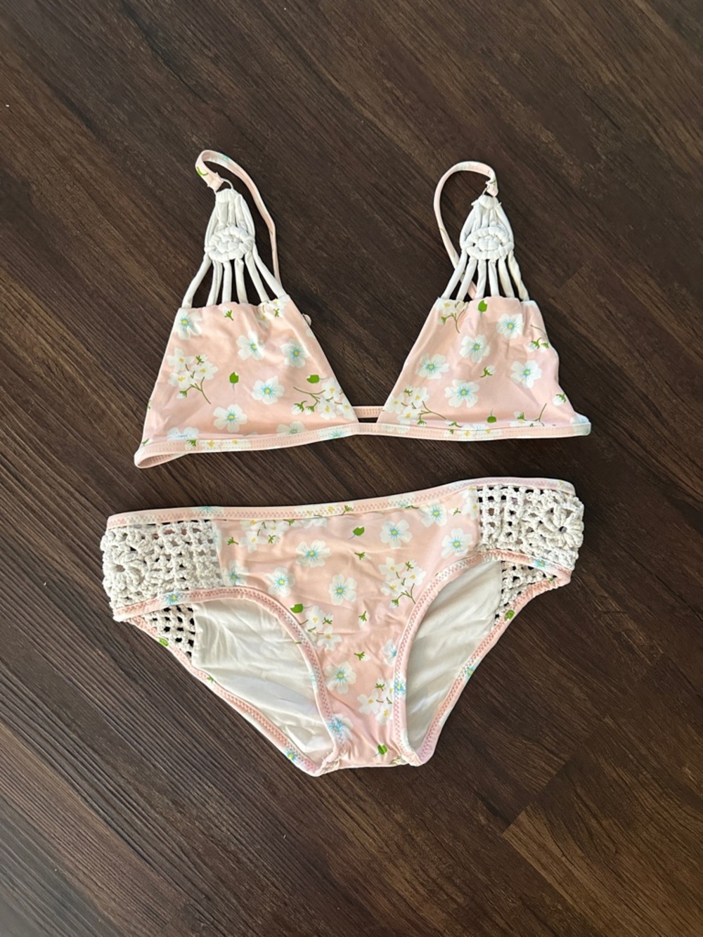 Frankie's Bikinis Cream and Pink Floral Macramé Triangle Top